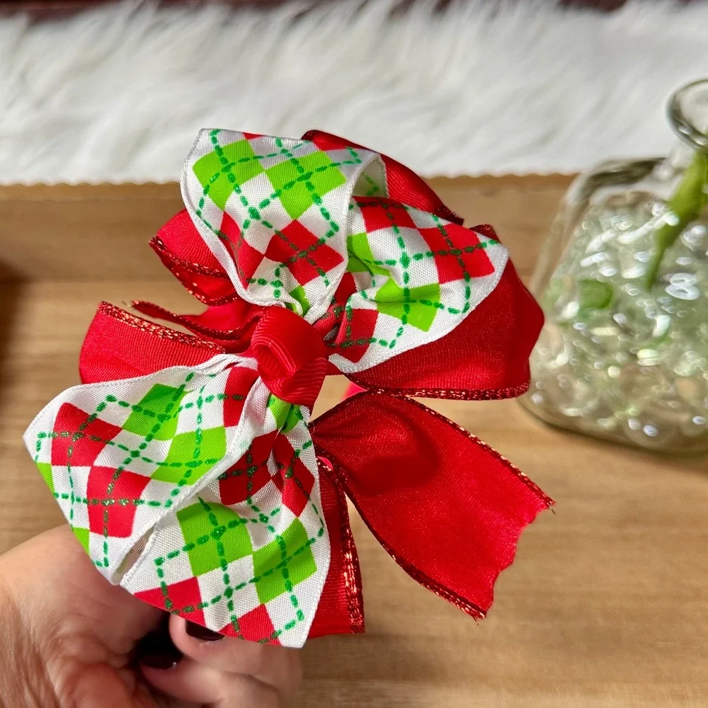 Girls Red‎ & Green Argyle Christmas Bow Headband | Layered Bow Headband